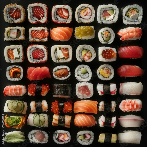 A large and diverse collection of sushi pieces, from nigiri to rolls, artfully arranged on a black backdrop