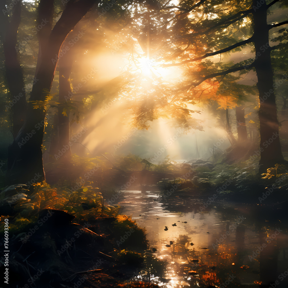 Dreamy forest scene with fog and sunlight.