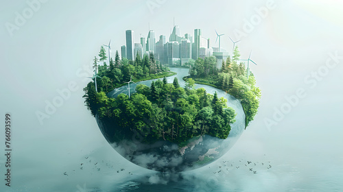 A globe with a forest in the middle and a city emerging from the green. Wind turbines are blowing around the globe.