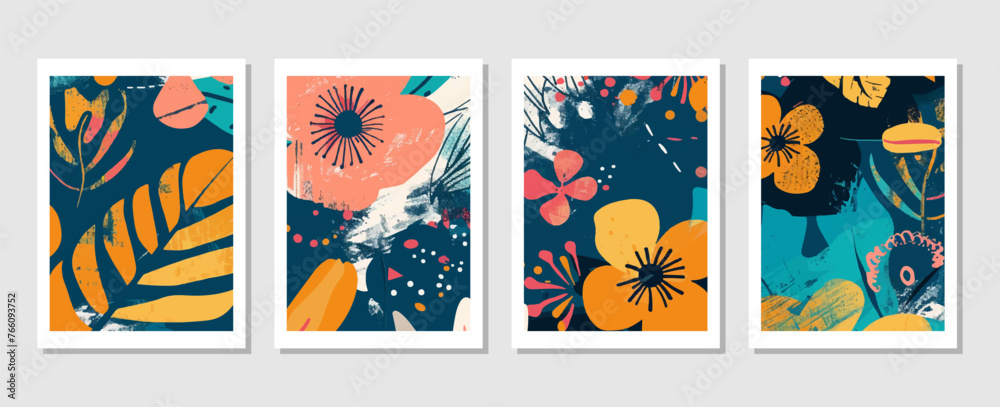 set of abstract vector backgrounds featuring tropical leaves. Hand-drawn textures suitable for wall decoration, postcard designs, or brochure covers. set of abstract vector backgrounds featuring tropical leaves. Hand-drawn textures suitable for wall decoration, postcard designs, or brochure covers.