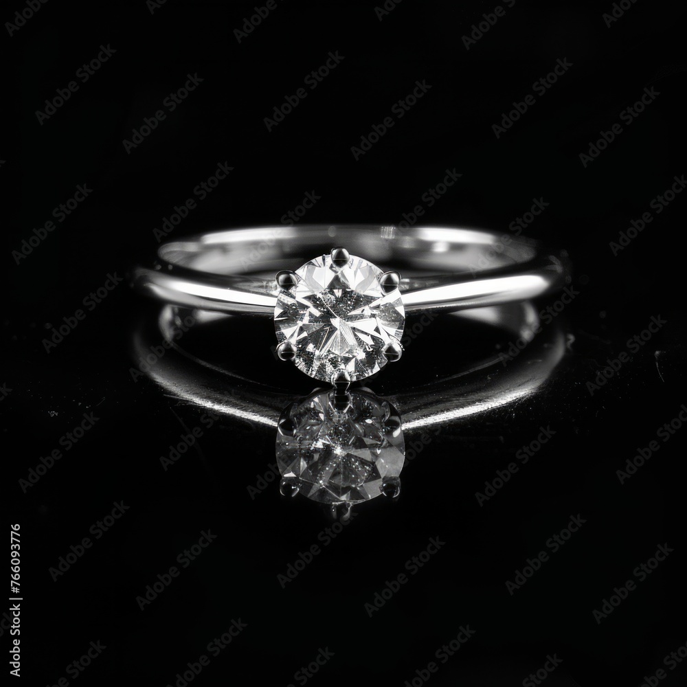 A brilliant diamond engagement ring with reflection on black surface, creating a dramatic and romantic presentation A brilliant diamond engagement ring with reflection on black surface, creating a dramatic and romantic presentation