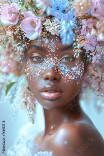 Soft portrait of a young woman surrounded by pastel florals, detailing beauty and tranquility photo