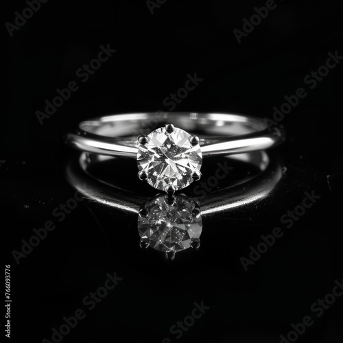 A brilliant diamond engagement ring with reflection on black surface, creating a dramatic and romantic presentation
