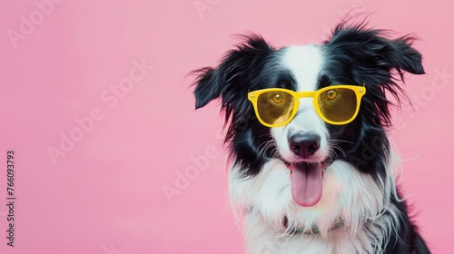 Funny border collie dog image celebrating summer or a carnival with yellow glasses. alone against a pink backdrop