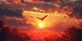 silhouette of a bird, over the sunset on the sea, generative ai