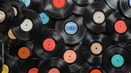 Seamless pattern across the top of emblematic antiquated vinyl records a lovely pattern and space, Generative AI. photo