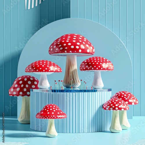 A stylized image showcasing bright red mushrooms on a blue and white striped base, offering a striking contrast photo