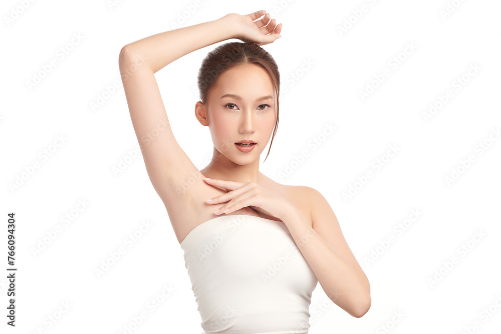 Beautiful Young Asian woman lifting hands up to show off clean and hygienic armpits or underarms on white background, Smooth armpit cleanliness and protection concept Beautiful Young Asian woman lifting hands up to show off clean and hygienic armpits or underarms on white background, Smooth armpit cleanliness and protection concept
