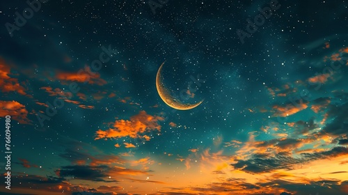 The exquisite crescent moon whilst over Ramadan and the breathtaking night sky Eid is coming and space, Generative AI.