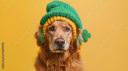 Cute dog in green shamrock costume sits on yellow background. Golden Retriever at St. Patrick's Day celebration. Generative ai 