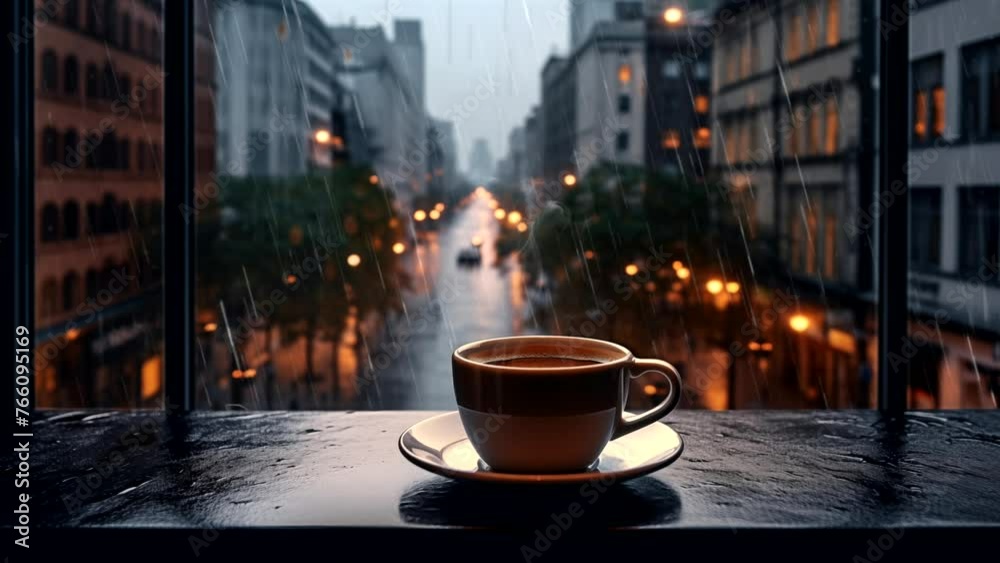Enjoying warm coffee in the rain. seamless looping 4k time-lapse video background
