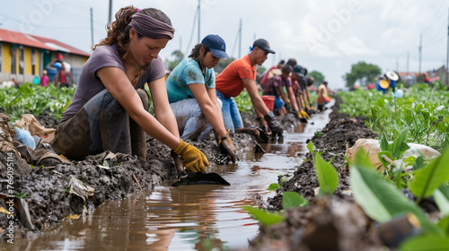 People helping each other to dig and clean up a canal, removing garbage from the waterway.