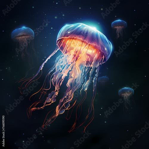Surreal floating jellyfish in a cosmic ocean.  © Cao