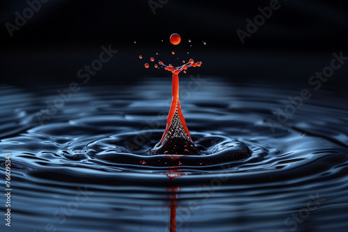 molten droplet splashes on black, forming a fiery crown. Crimson liquid collision art