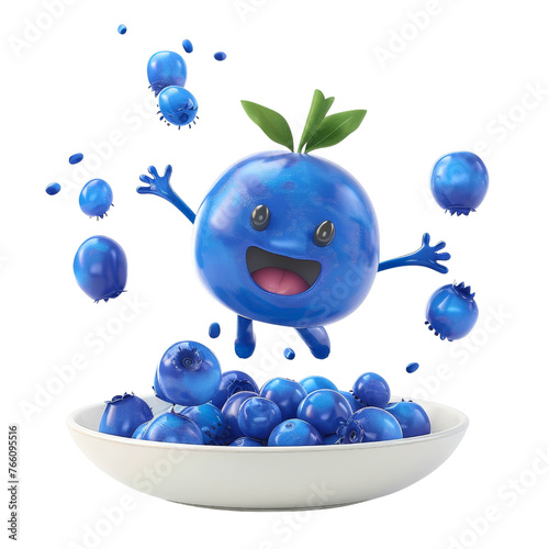 3D render of cute blueberry fruit mascot character isolated on transparent background, cut out, png, advertising