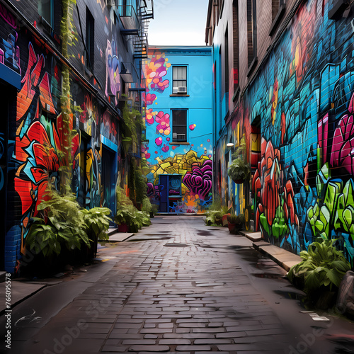 Vibrant graffiti art on an urban alleyway.  © Cao