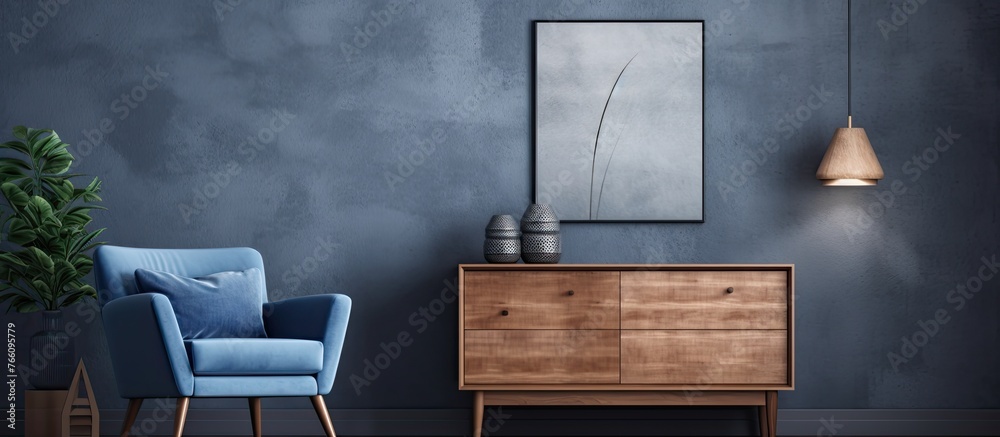 A cozy living room with a blue chair and a wooden dresser, surrounded by other furniture like tables and cabinetry. The room has a window and a door, creating a warm and inviting space in the house - obrazy, fototapety, plakaty 