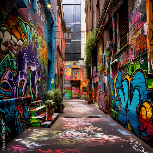 Vibrant graffiti art on an urban alleyway. 