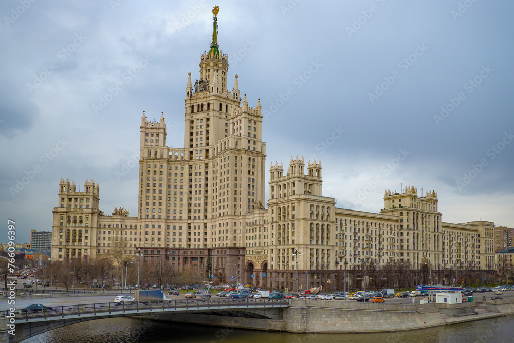View of the Stalinist high-rise building on Kotelnicheskaya embankment on a cloudy April evening. Moscow