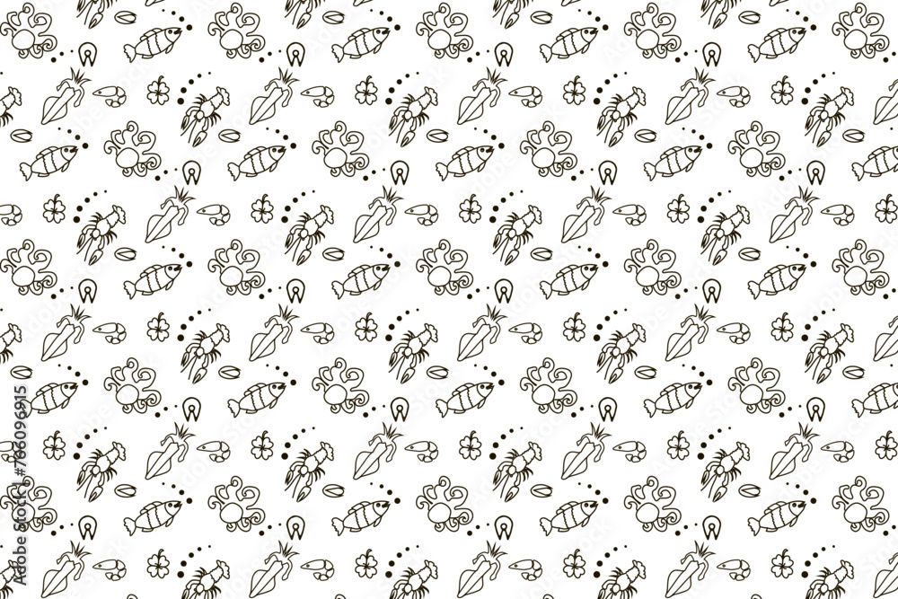 Seamless pattern. Black pattern on a white background. Food. Seafood. Fish, crayfish, squid, octopus, mussels. Background for computer screen, phone. Fabric print, texture. Seamless pattern. Black pattern on a white background. Food. Seafood. Fish, crayfish, squid, octopus, mussels. Background for computer screen, phone. Fabric print, texture.
