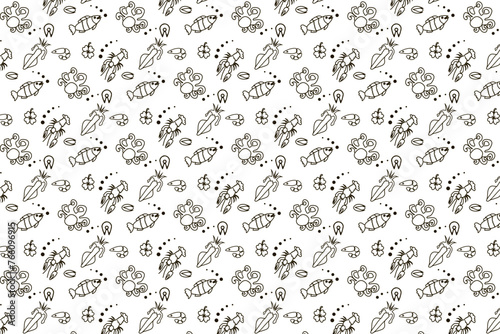 Seamless pattern. Black pattern on a white background. Food. Seafood. Fish, crayfish, squid, octopus, mussels. Background for computer screen, phone. Fabric print, texture.