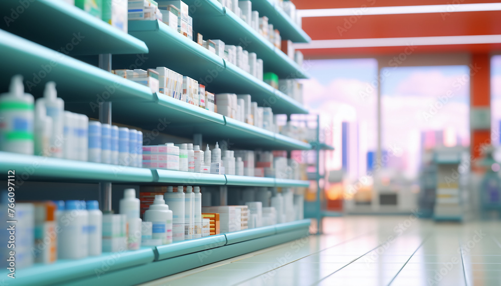 The blurred abstract background of the pharmacy.