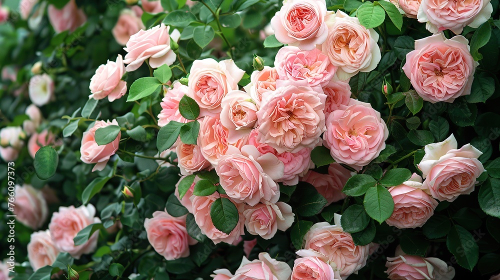 A bunch of pink roses are in a garden., Generative ai,