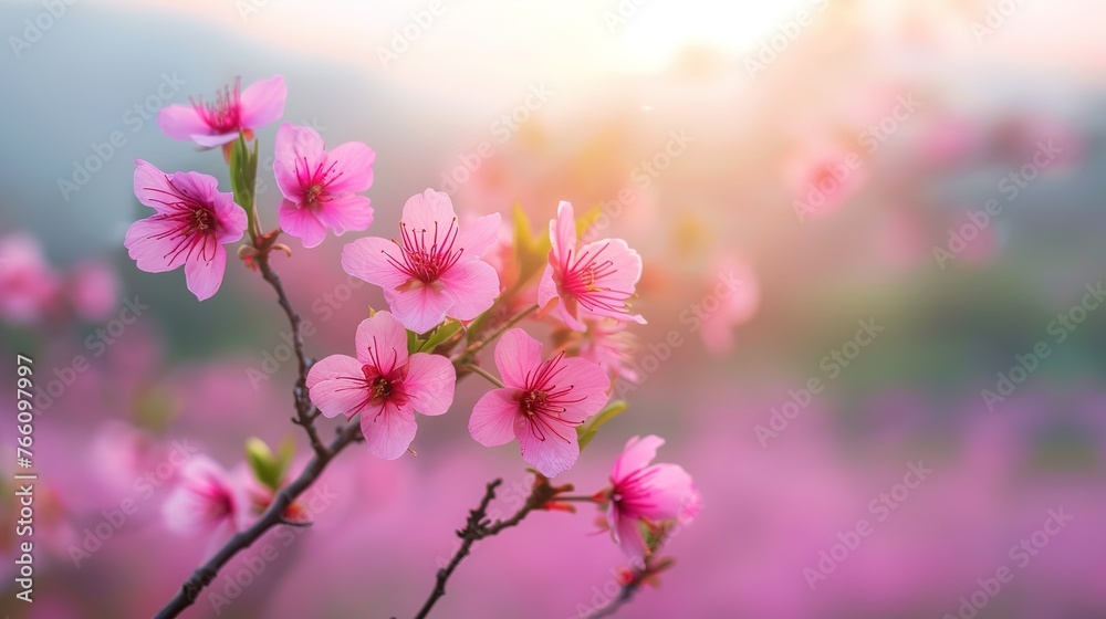 Beautiful view cherry blossom in blooming,chiang rai province, thailand,soft focus , Generative ai, Generative, Ai - obrazy, fototapety, plakaty 