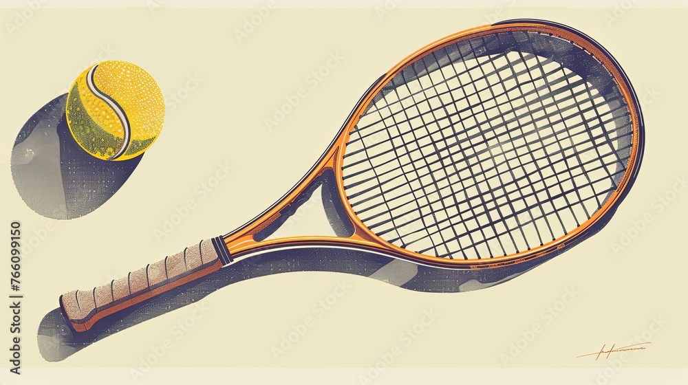 a tennis racket and ball on a cream background - obrazy, fototapety, plakaty 