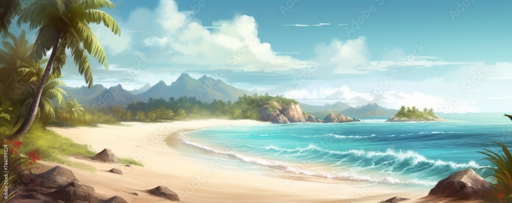 Obraz premium Tropical paradise beach with lush trees on a serene island surrounded by turquoise sea, wallpaper illustration