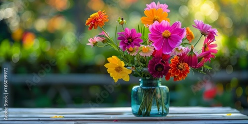 Vibrant Wildflowers in Glass Jar Outdoors