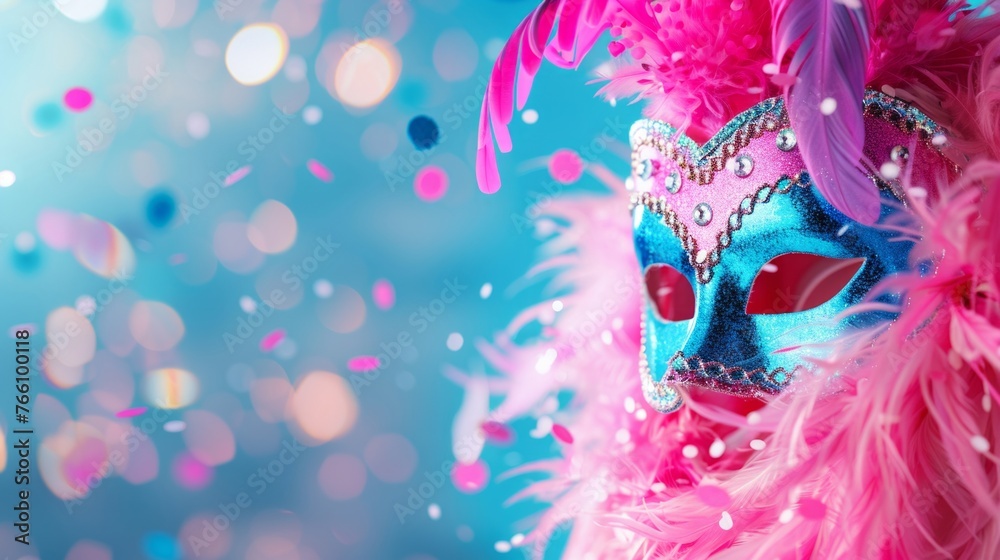 Vibrant Carnival Mask with Pink Feathers