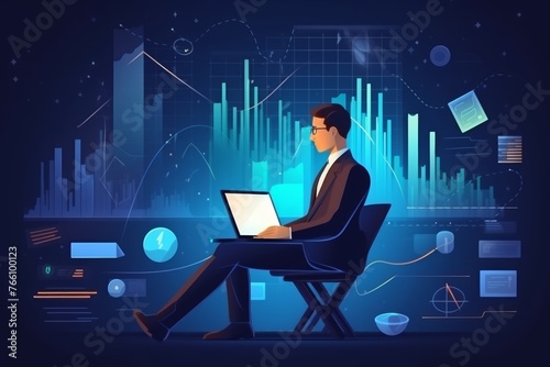 Businessman using laptop, surrounded by charts and graphs, illustration