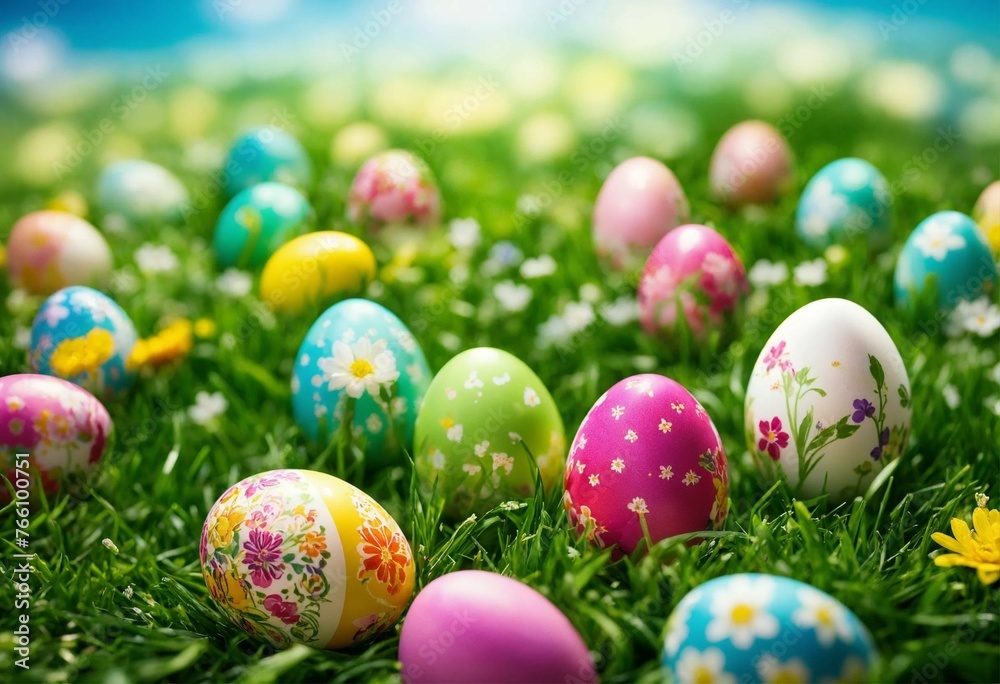 dyed eggs in green grass, Easter, 3D dyed eggs in green grass, Easter, 3D