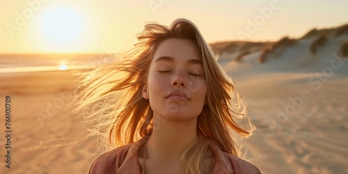 Serene Woman Enjoying Sunset on Beach