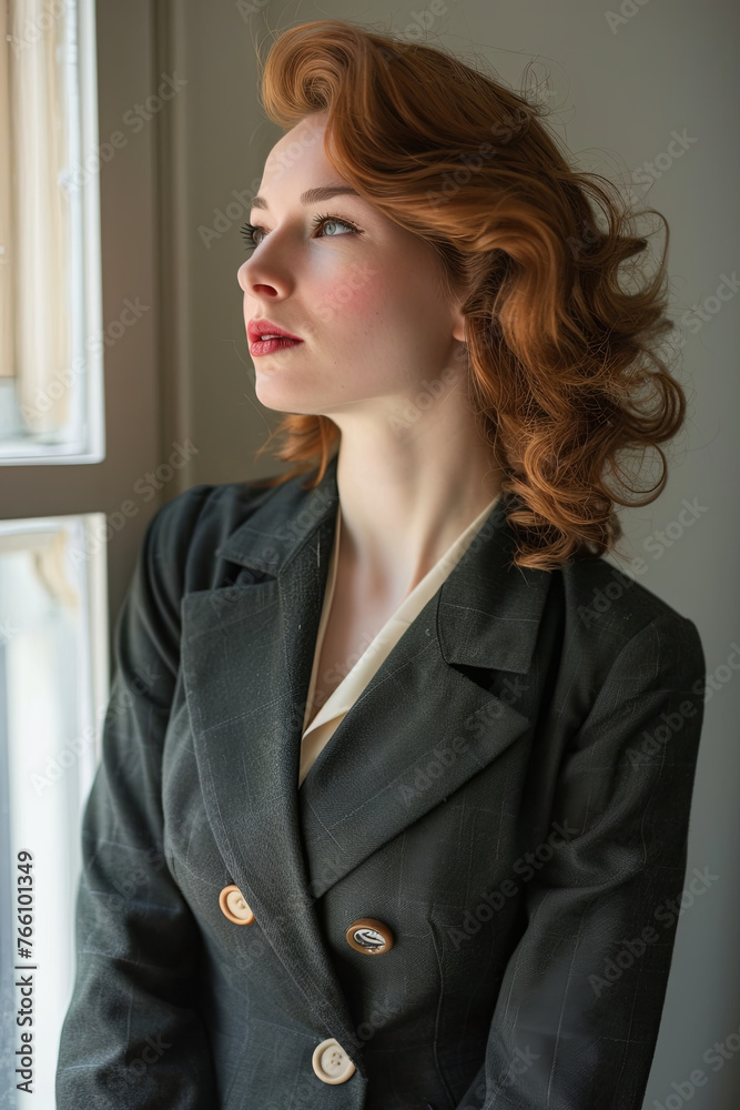 A beautiful woman wearing a 1930s tailored suit A beautiful woman wearing a 1930s tailored suit
