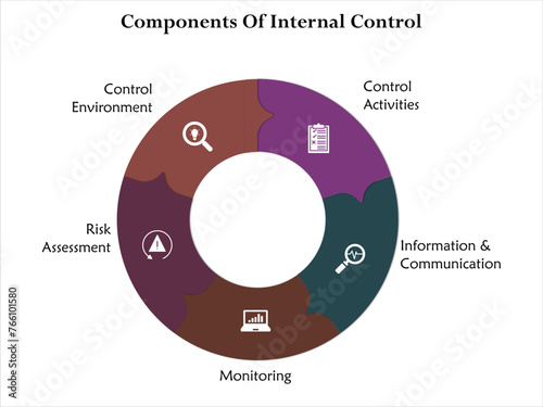 Five components of internal Control - Control Activities, Information and communication, monitoring, Risk assessment, Control Environment. Infographic template with icons and description placeholder