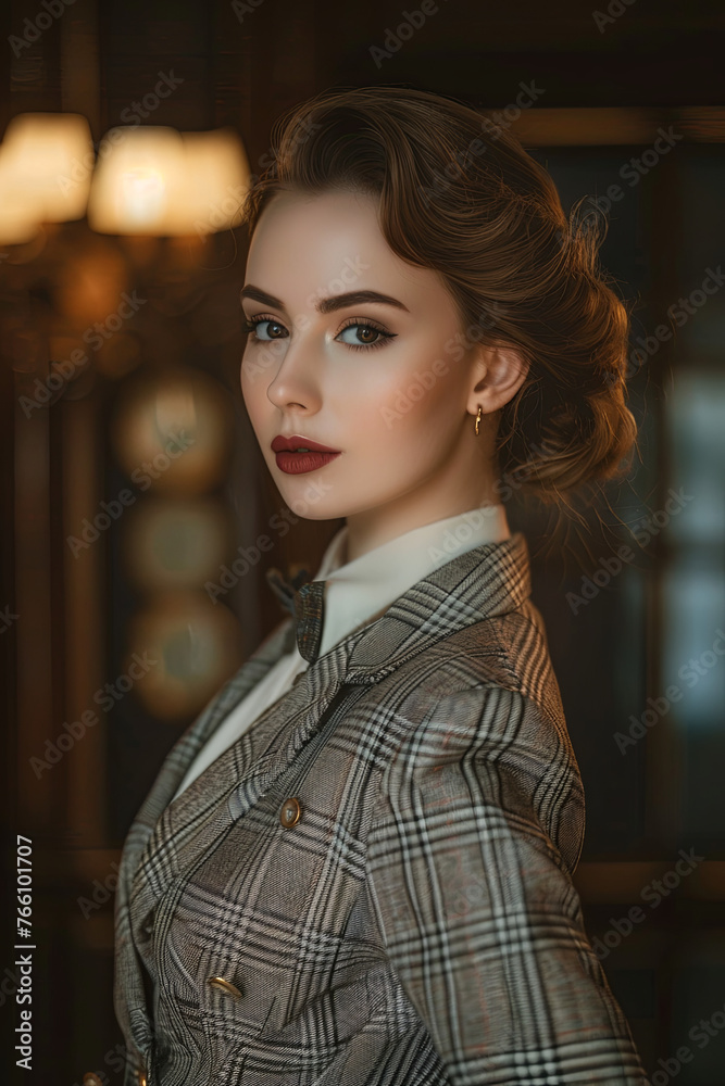 Fototapeta premium A beautiful woman wearing a 1930s tailored suit