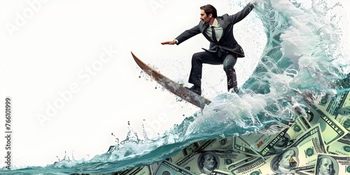 Confident Businessman Surfing Wave of Dollar Bills,Navigating Market Trends and Opportunities for Financial Success