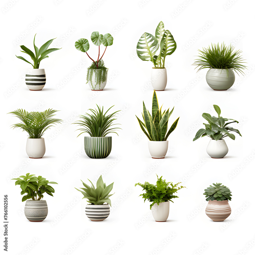 Set of green plant pots With leaves and flowers. Vector. Realistic illustration. lonely shadow on a white background Set of green plant pots With leaves and flowers. Vector. Realistic illustration. lonely shadow on a white background