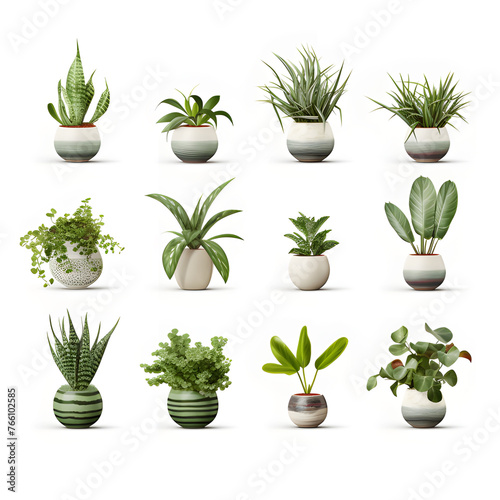 Set of green plant pots With leaves and flowers. Vector. Realistic illustration. lonely shadow on a white background