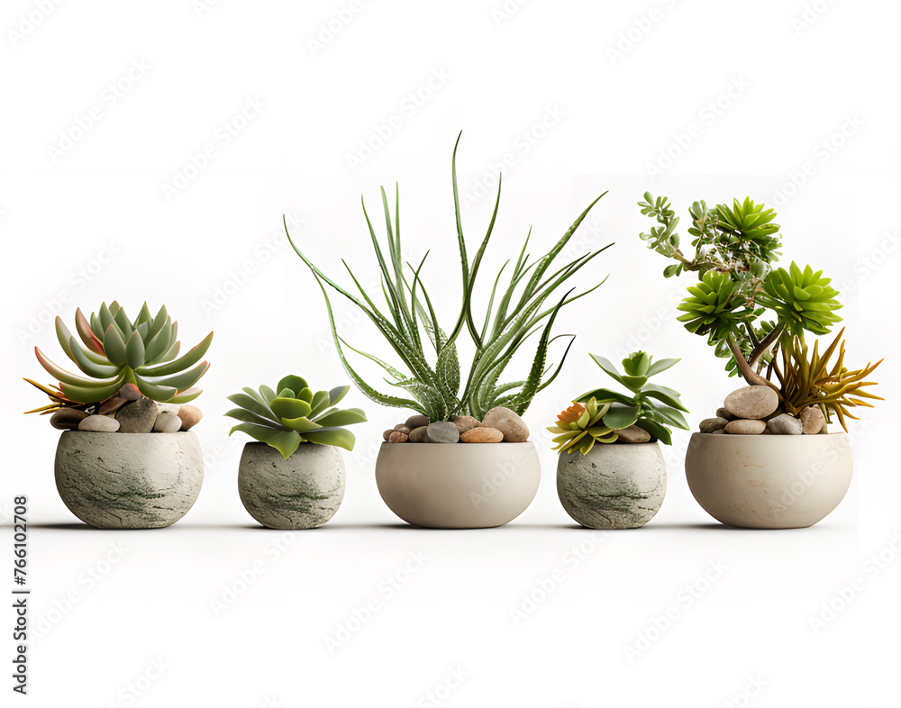 Set of green plant pots With leaves and flowers. Vector. Realistic illustration. lonely shadow on a white background