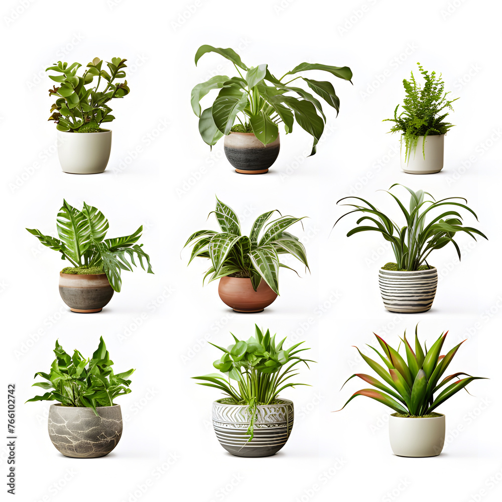 Set of green plant pots With leaves and flowers. Vector. Realistic illustration. lonely shadow on a white background Set of green plant pots With leaves and flowers. Vector. Realistic illustration. lonely shadow on a white background