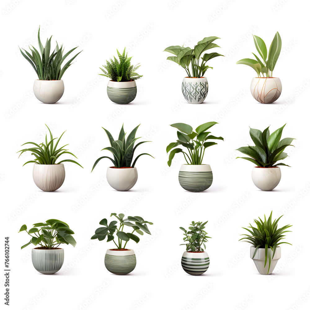 Set of green plant pots With leaves and flowers. Vector. Realistic illustration. lonely shadow on a white background Set of green plant pots With leaves and flowers. Vector. Realistic illustration. lonely shadow on a white background