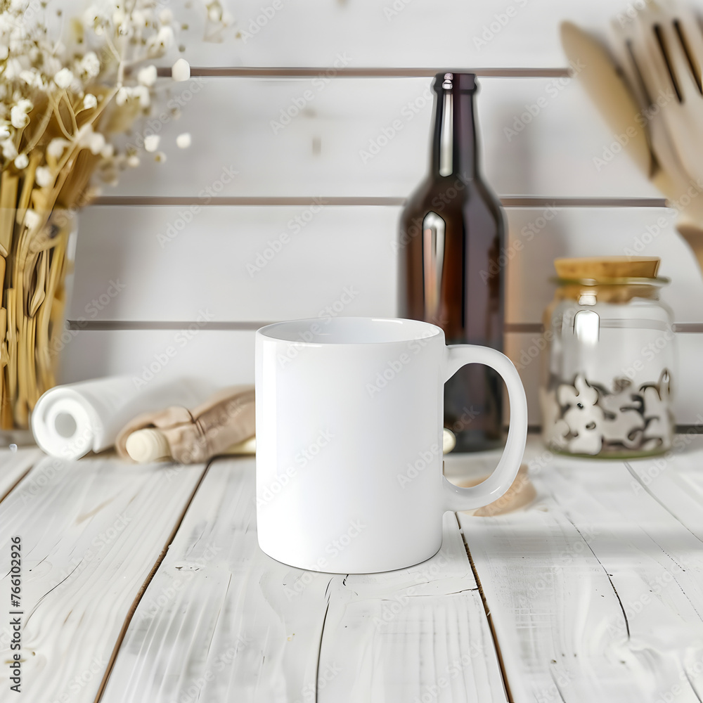 Obraz premium White mug mockup on a rustic white counter iconic.