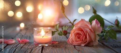 A beautiful rose and a flickering candle adorn a wooden table, creating a lovely centerpiece for a special event or a peaceful moment of flower arranging