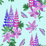 Seamless background with lupine, lily and butterflies