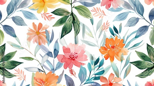 Watercolor floral and leaves seamless pattern,Generative ai, 