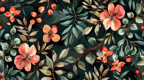 Watercolor floral and leaves seamless pattern,Generative ai, 