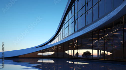 Low angle view of futuristic architecture, office skyscraper with curved glass windows
